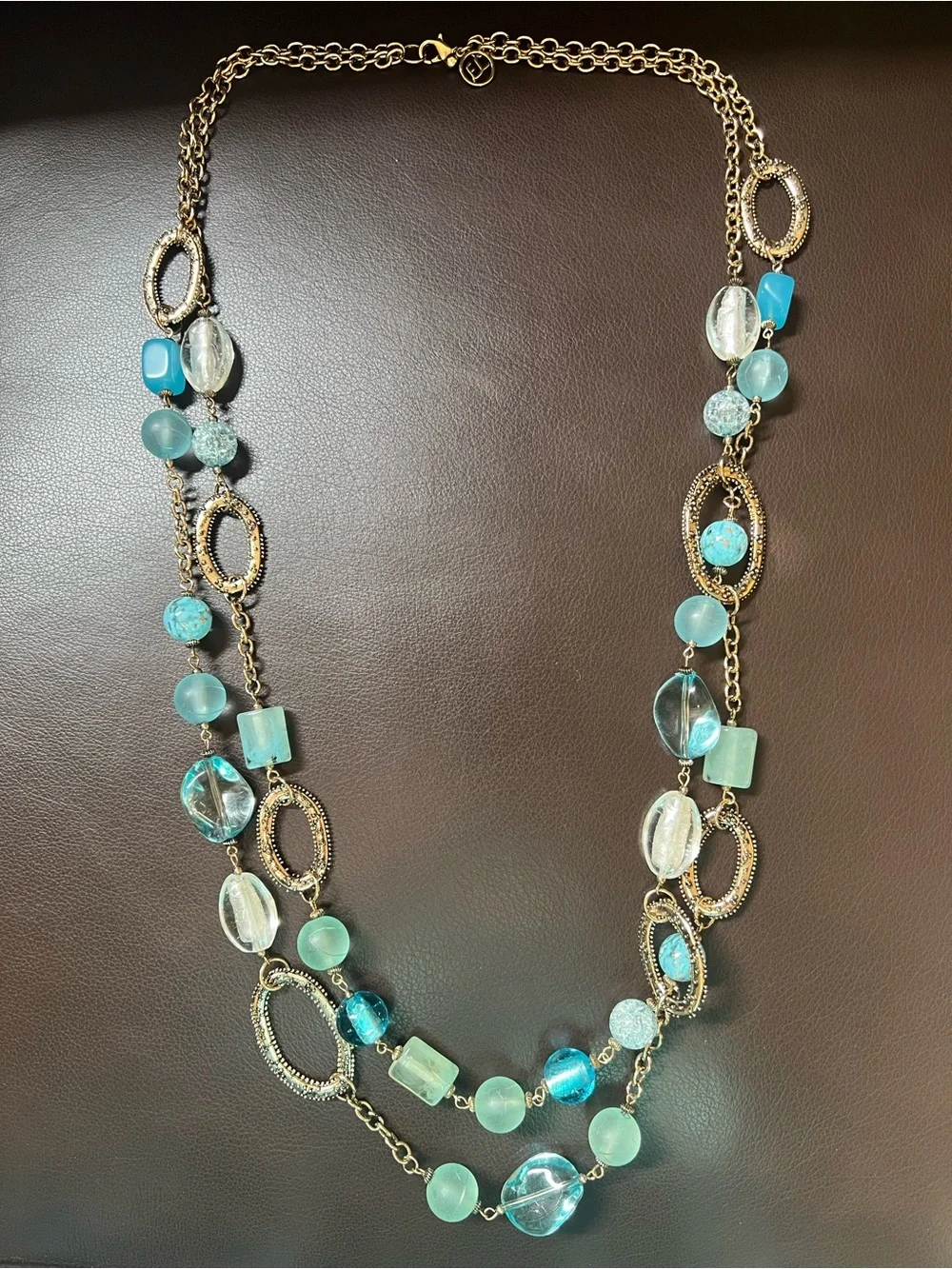 Erica Lyons Necklace Multi-layered Gold-Tone Chain with Blue Aqua Beads 36”